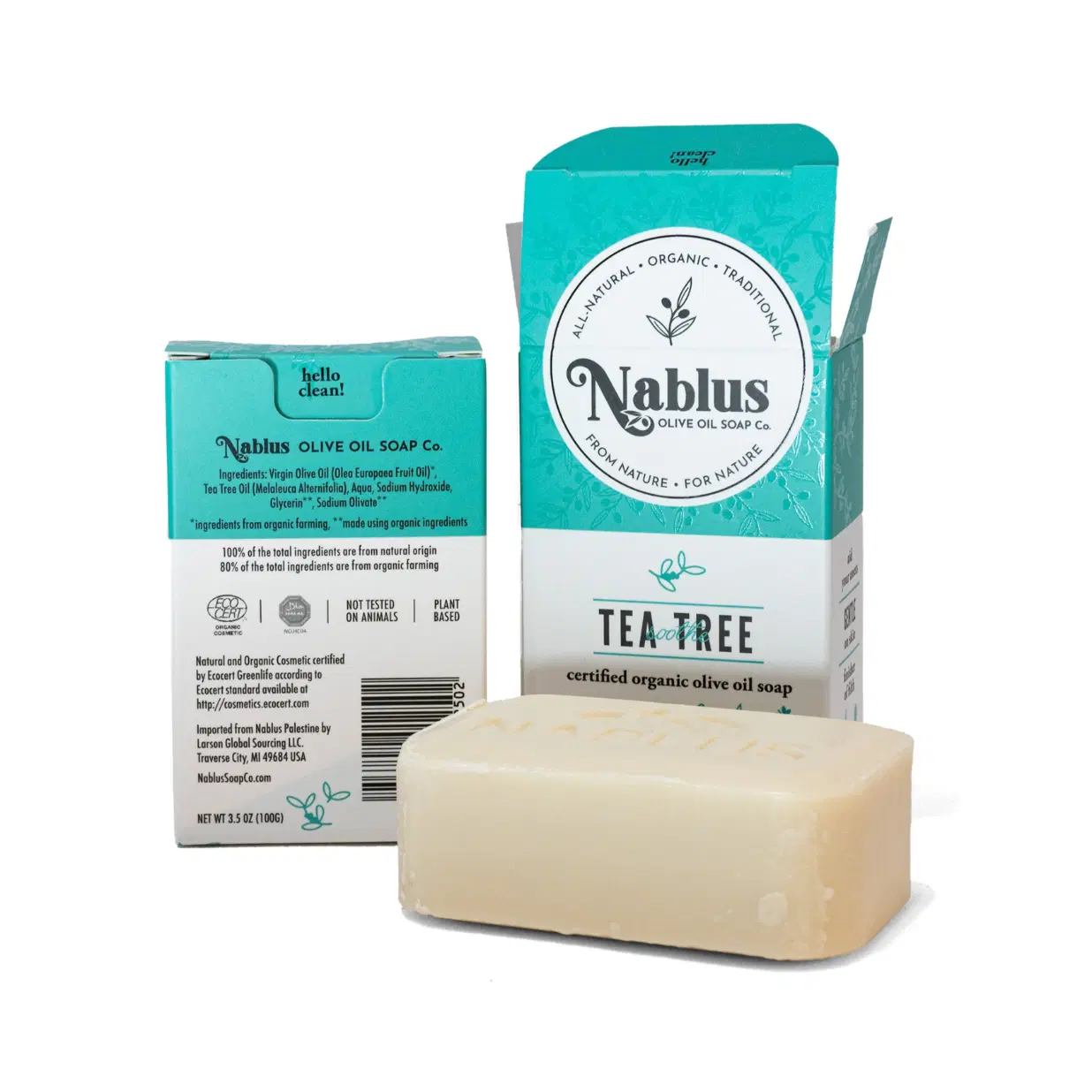 2 Pack Nablus 100% Certified Organic Tea Tree Olive Oil Enriched with Goat’s Milk Soap Whole Body & Hair -Natural and Organic Cosmetic certified-Halal Certified Not Tested on Animals- For Men and Women