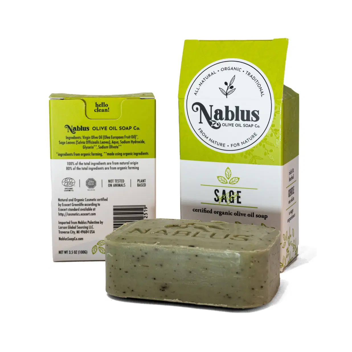 2 Pack Nablus 100% Certified Organic Sage Olive Oil Enriched with Goat’s Milk Soap Whole Body & Hair -Natural and Organic Cosmetic certified-Halal Certified Not Tested on Animals- For Men and Women