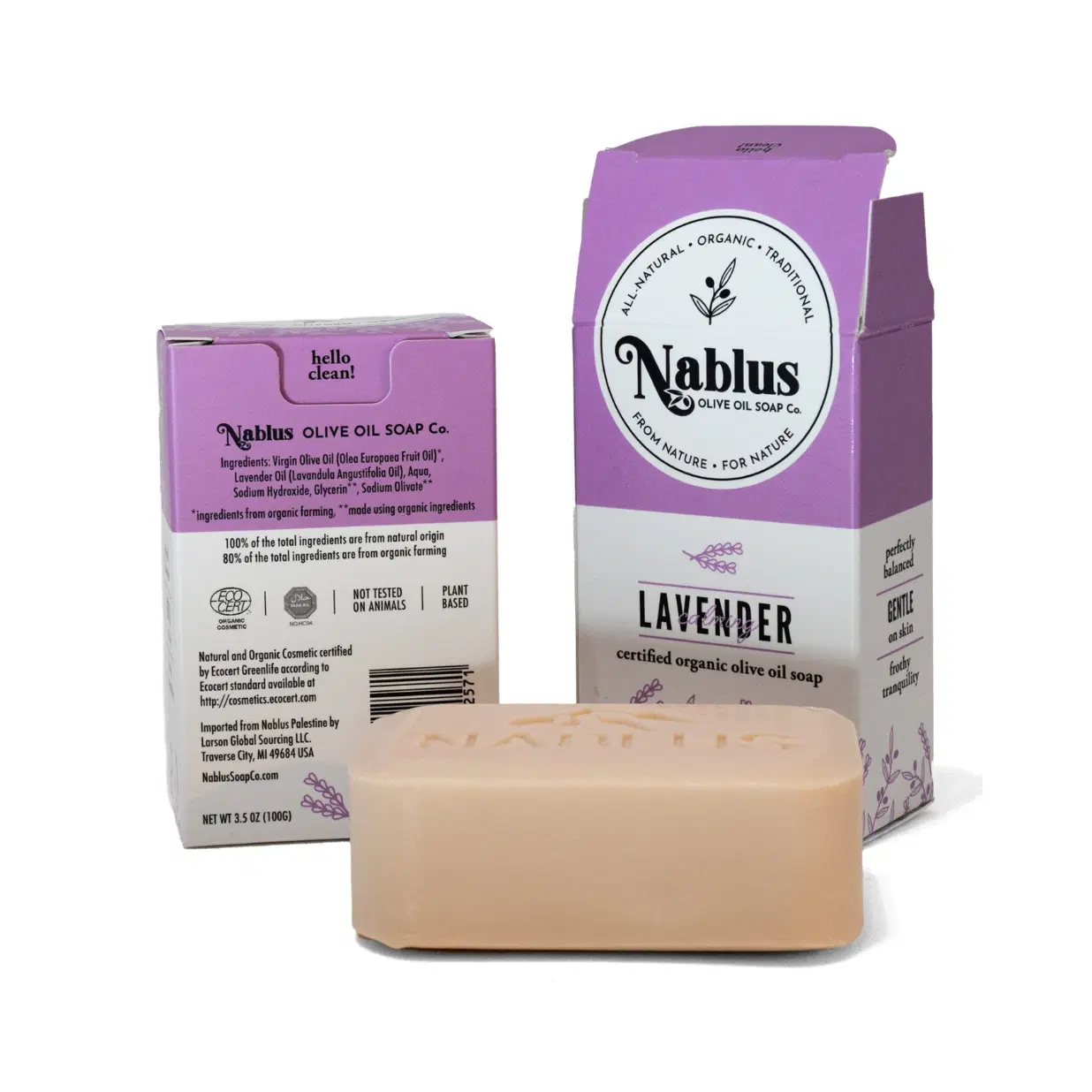 Nablus 100% Certified Organic Virgin Olive Oil & Lavender Soap Whole Body & Hair 3.5 oz. (1 Bar) -Natural and Organic Cosmetic certified-Halal Certified Not Tested on Animals- Totally Vegan For Men and Women