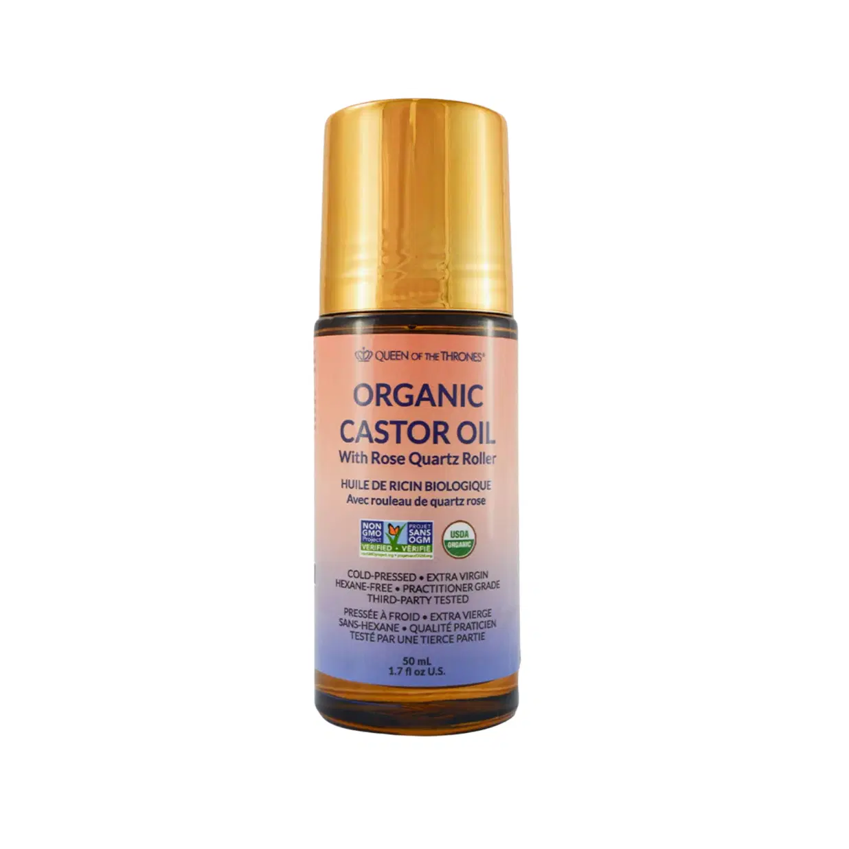 Queen of the Thrones Organic Golden Castor Oil Roll-On with Rose Quartz | 100% Pure for Skin, Brows & Lashes and Less-Mess Castor Oil Packs | Hexane-Free | USDA Certified | Cold-Pressed [50mL (1.7oz)]