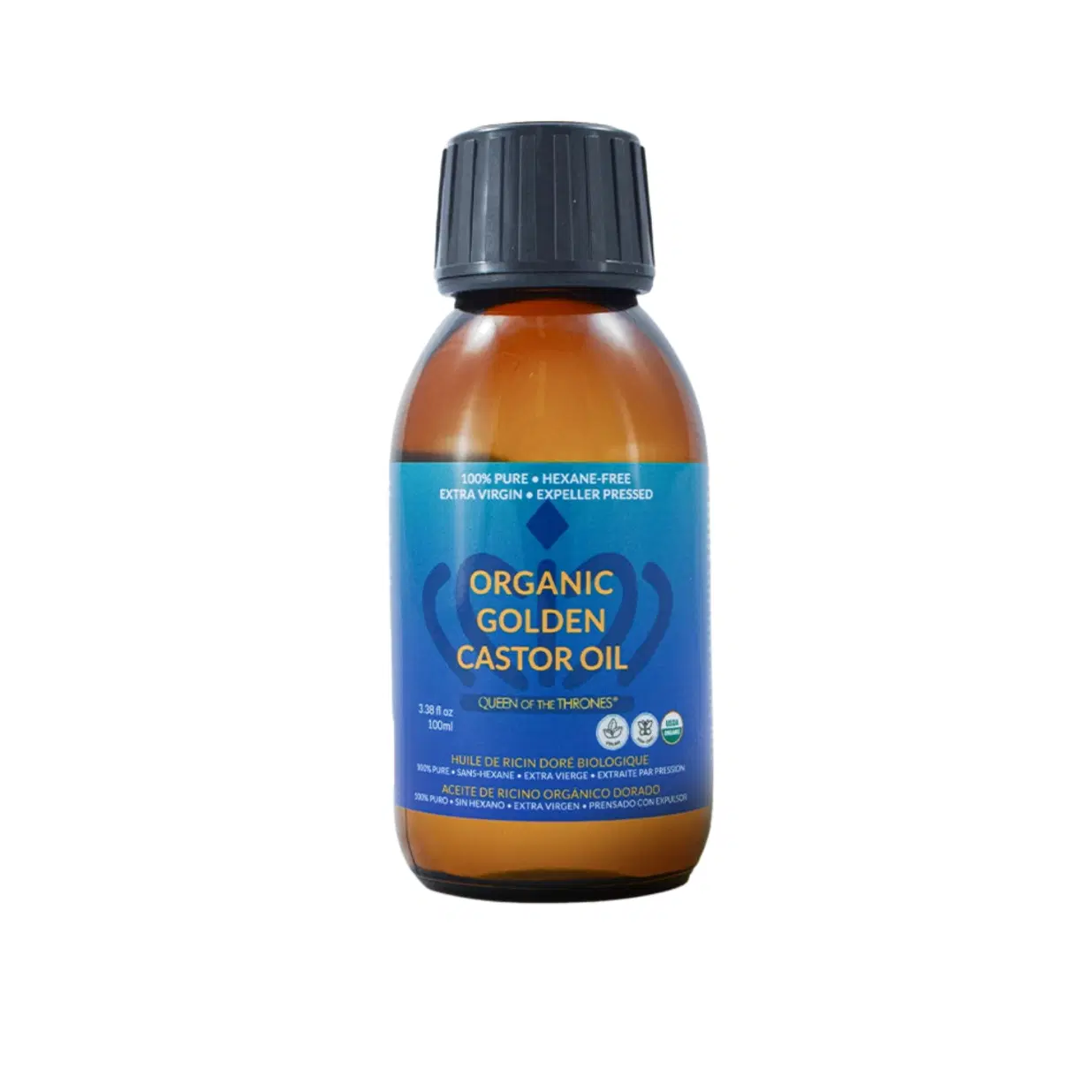 QUEEN OF THE THRONES Organic Golden Castor Oil - 3.38oz | 100% Pure & COLD PRESSED for Hair, Skin & Nails | Hexane Free | USDA Certified