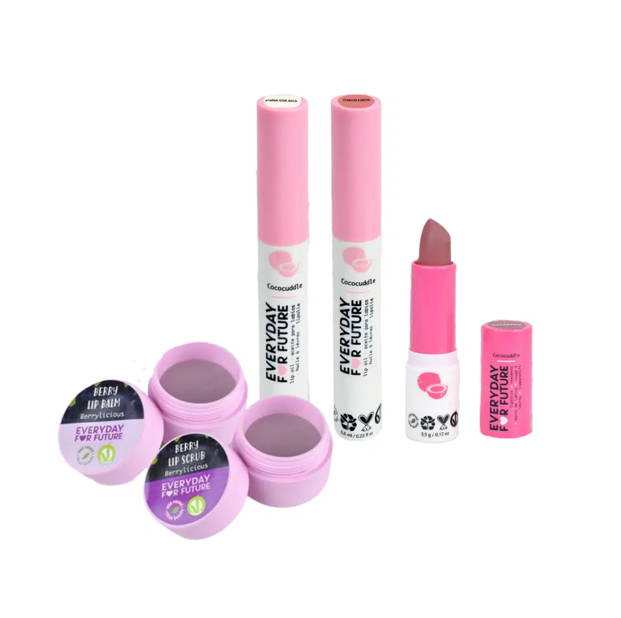 Coconut Lip Essentials: 2 Lip Oils (1 clear & 1 pink), 1 Lipstick Amaretto, Acai Berry Lip Scrub & Balm Kit