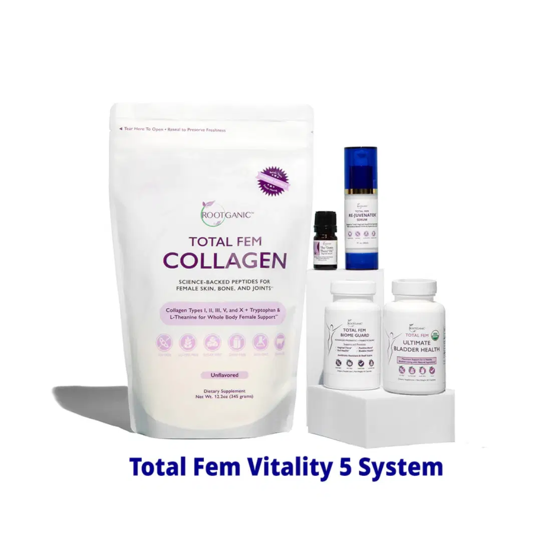 Total Fem Vitality 5 Bundle Hormone-Free Intimate Care Set with Biome Guard Probiotic + Re-Juvenator Serum + Down There Oil + Bladder Support + Glow Essentials – 5-Piece Daily System