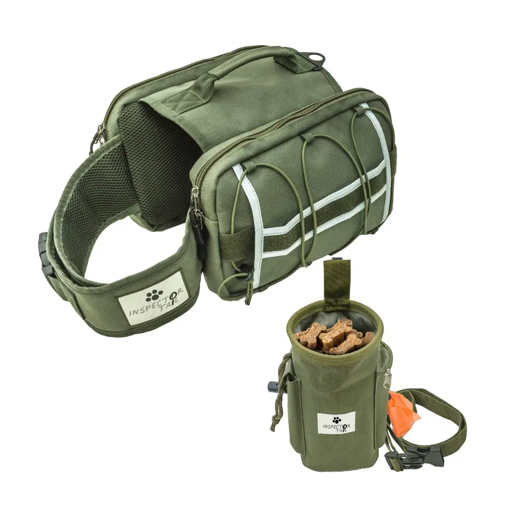 Inspector Tail Comfortable Backpack for Anxious & Energetic Dogs w Treat Bag Bundle | Saddle Bag for More Focused & Calmer Hound | Reflective & Lightweight Harness w Roomy Pockets | Khaki