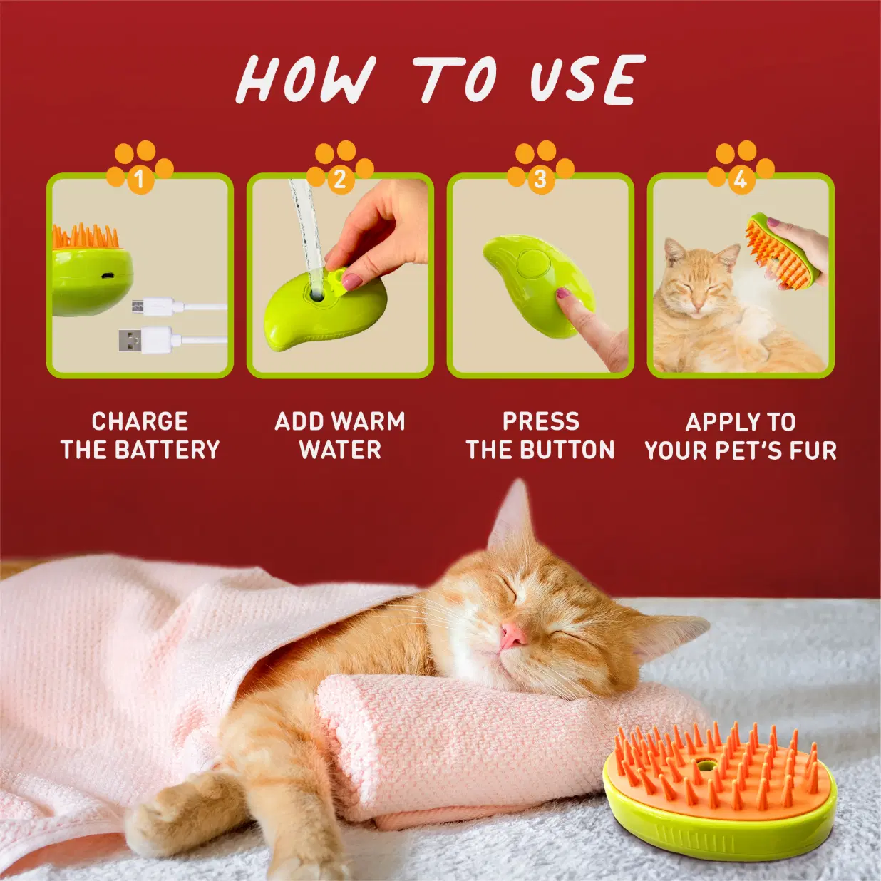 Steam Brush- Easy Grooming for Dogs & Cats | Removes Loose Hair | Untangles Knots | Reduces Static and Restores Shine for Long & Short Coats yellow