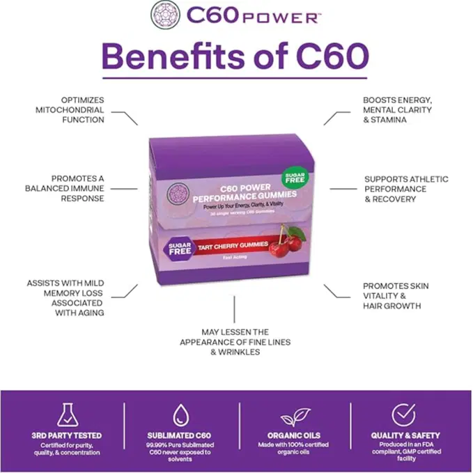 C60 Power Gummies, 1 Box Sugar Free Tart Cherry - 99.99% Pure, Sublimated C60Carbon Fullerenes and Organic Coconut Oil, Made in The USA, Supports Energy & Mental Clarity (30 Count)