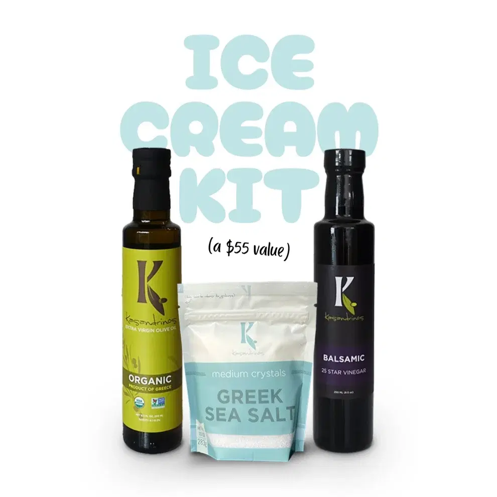 Ice Cream Kit - Organic EVOO, 25-Star Balsamic & Finishing Salt Gourmet Dessert Gift Set