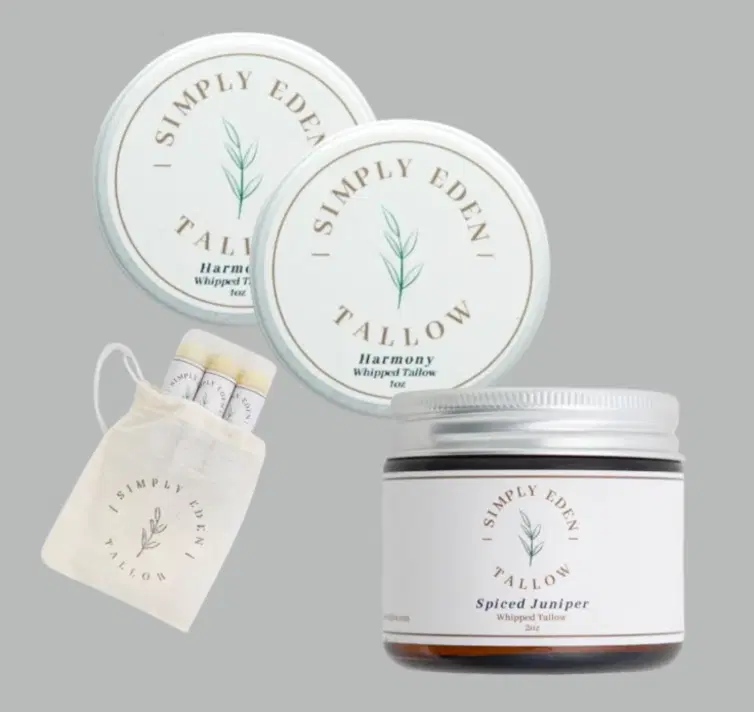 Simply Eden Tallow - Tallow Bundles - Sensitive Skin Essentials (3-pc): Gentle balm (fragrance-free) + tallow soap + herbal-infused lip balm.