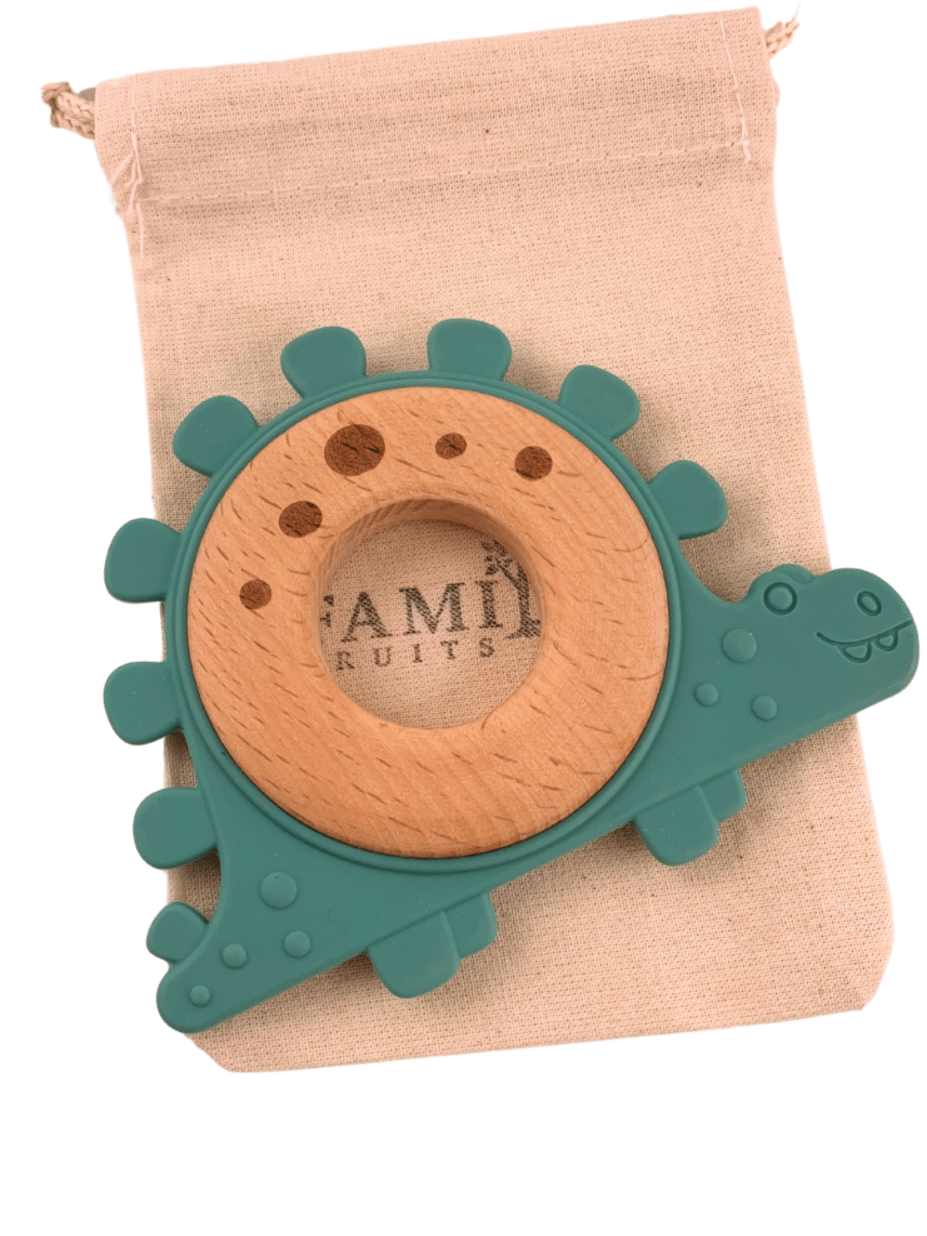 Natural Silicone & Wood Baby Teether Toy (Dinosaur) – Made in USA