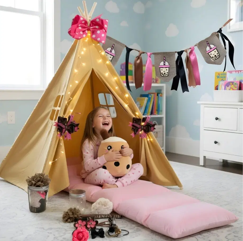 Boba Tea Children's Teepee Tent Gift Set - Pink Indoor Kids Teepee with Fairy Lights, Plush & Pillow-Bed Lounger