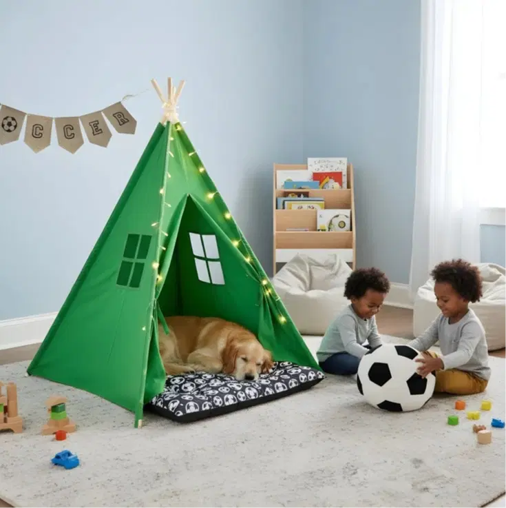 Kids Soccer Tent Gift Set-Gifts for Kids-Gifts for Boys - Green Indoor/Outdoor Tent, Plush Soccer Pillow & Sports Style Slip-Cover Lounger