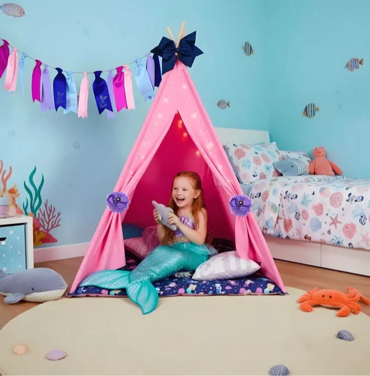 Mermaid Teepee Tent Gift Set - Pink Indoor Playhouse Teepee with Fairy Lights, Pillow Bed Cover & Mermaid Accessories