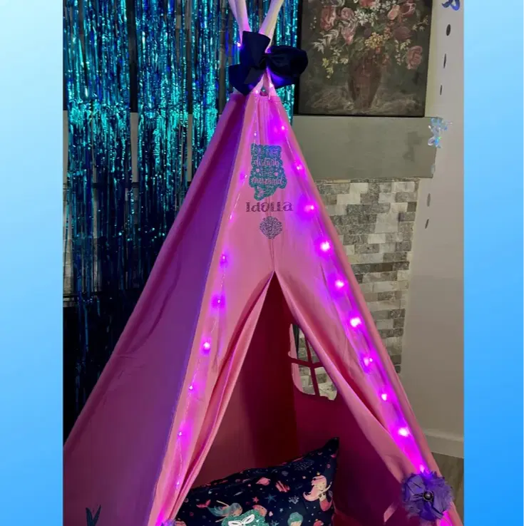 Mermaid Teepee Tent Gift Set - Pink Indoor Playhouse Teepee with Fairy Lights, Pillow Bed Cover & Mermaid Accessories