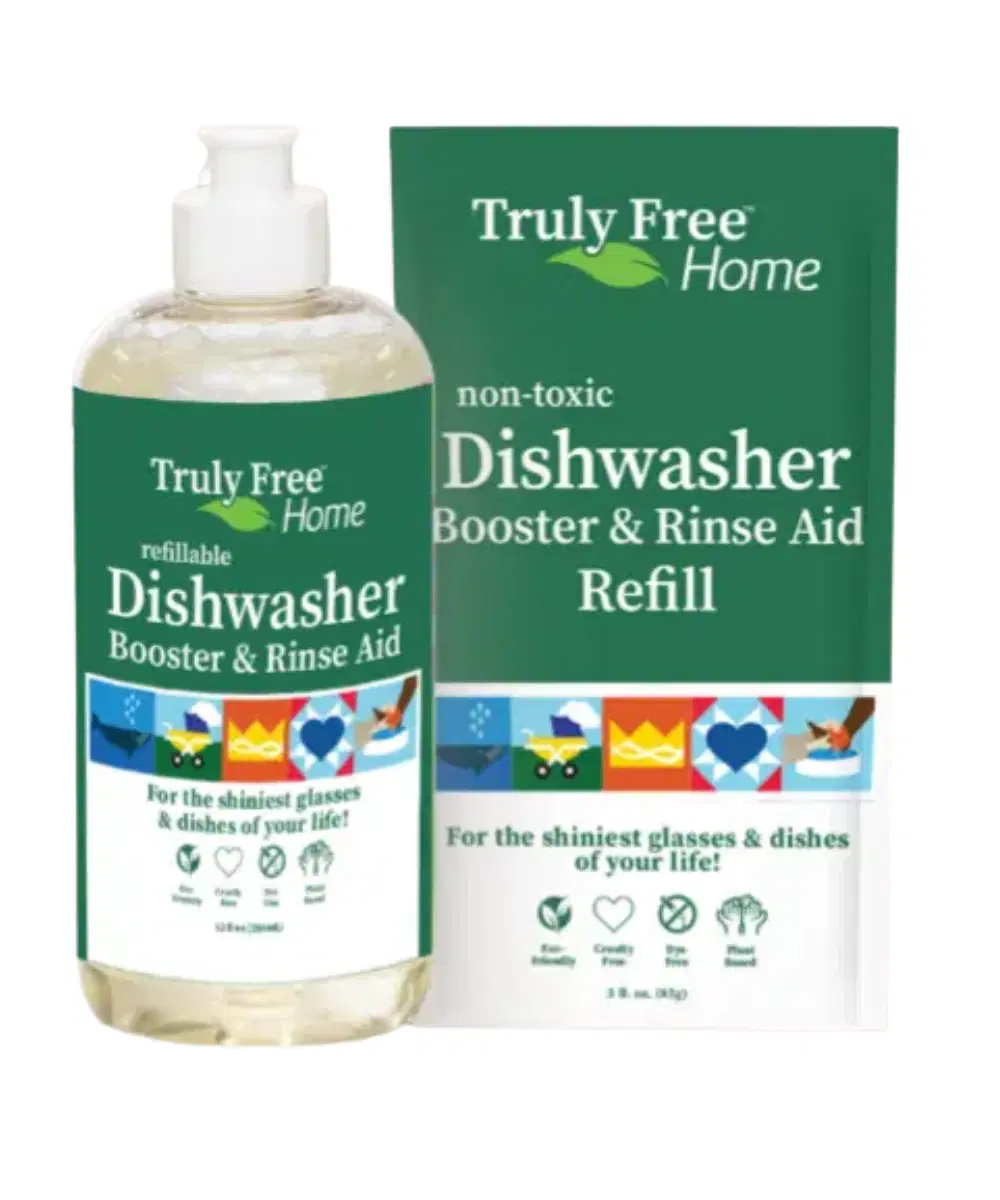 Truly Free Home Natural Dishwasher Booster & Rinse Aid - Non-Toxic Dishwashing Aid Formula, Removes Residue & Tough Dish Stains, Water Spot Remover - Includes: 1 Reusable Empty 12 oz Bottle & 1 Refill