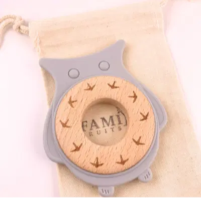 Natural Silicone & Wood Baby Teether Toy (Owl) – Made in USA