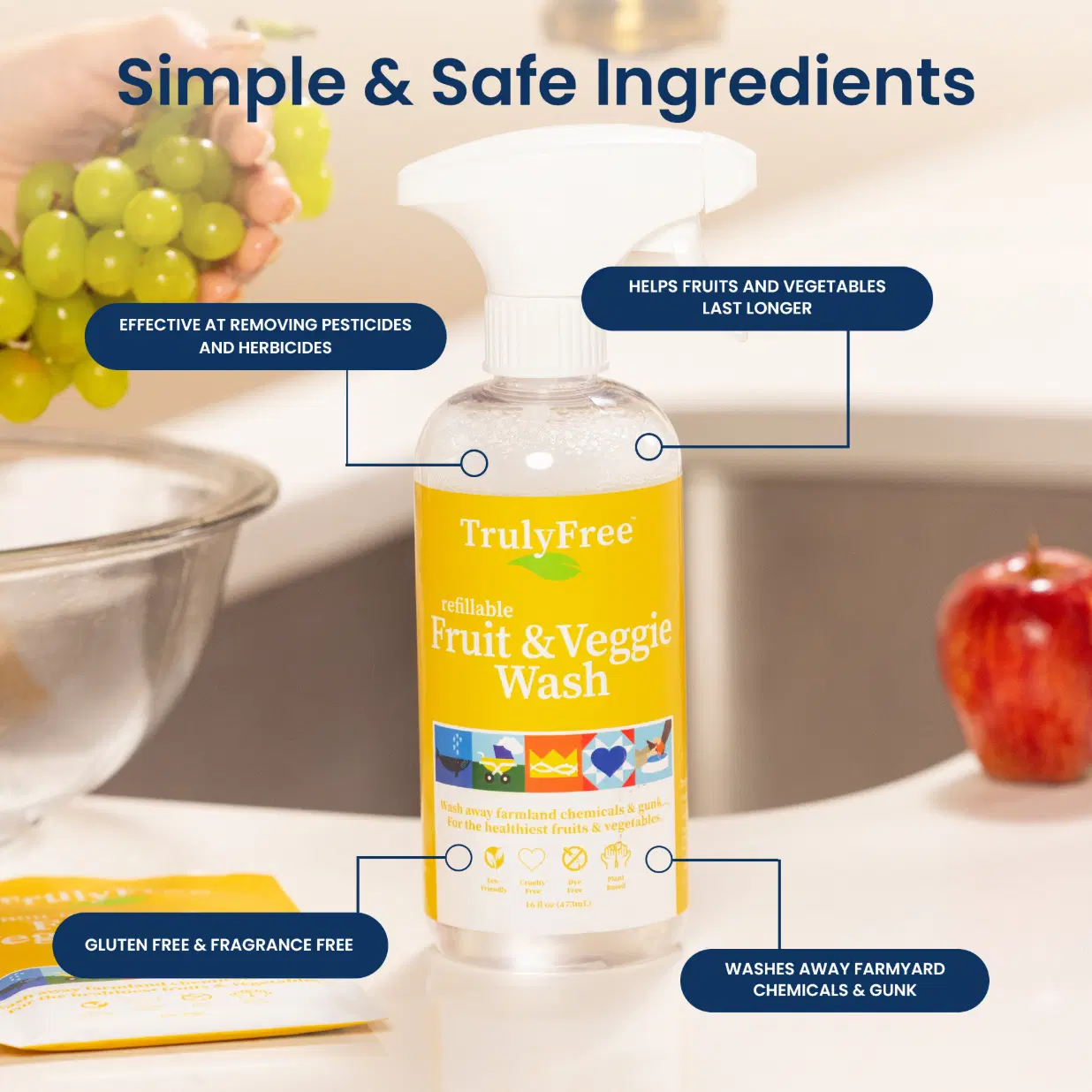 Truly Free Home's Fruit & Veggie Wash - Refillable Bottle + 2 Refills