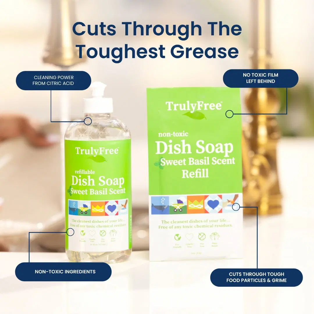 Natural Concentrated Dish Detergent Dishwashing Liquid | Plant-Based Dish Soap | Sweet Basil Fresh Scent | 3 Refill Packs 