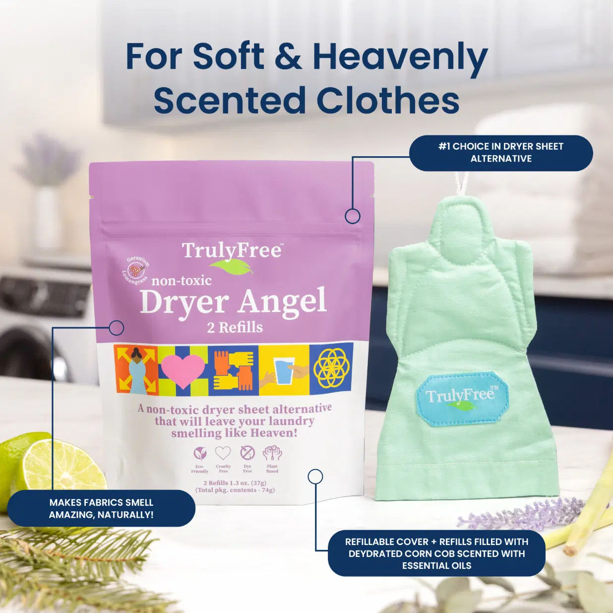 Truly Free Home's Dryer Angel - Lemongrass & Geranium - 2 Refillable Angel Covers + 4 Refills