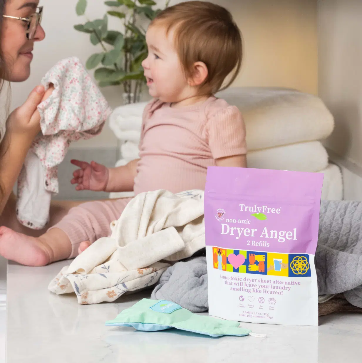 Truly Free Home's Dryer Angel - Lemongrass & Geranium - 2 Refillable Angel Covers + 4 Refills