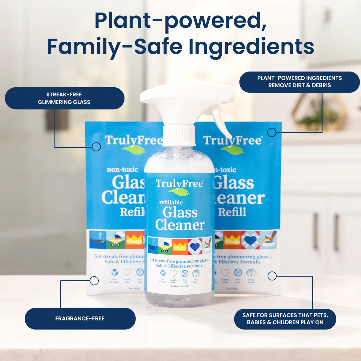 Truly Free Home's Glass Cleaner - Refillable Bottle + 2 Refills