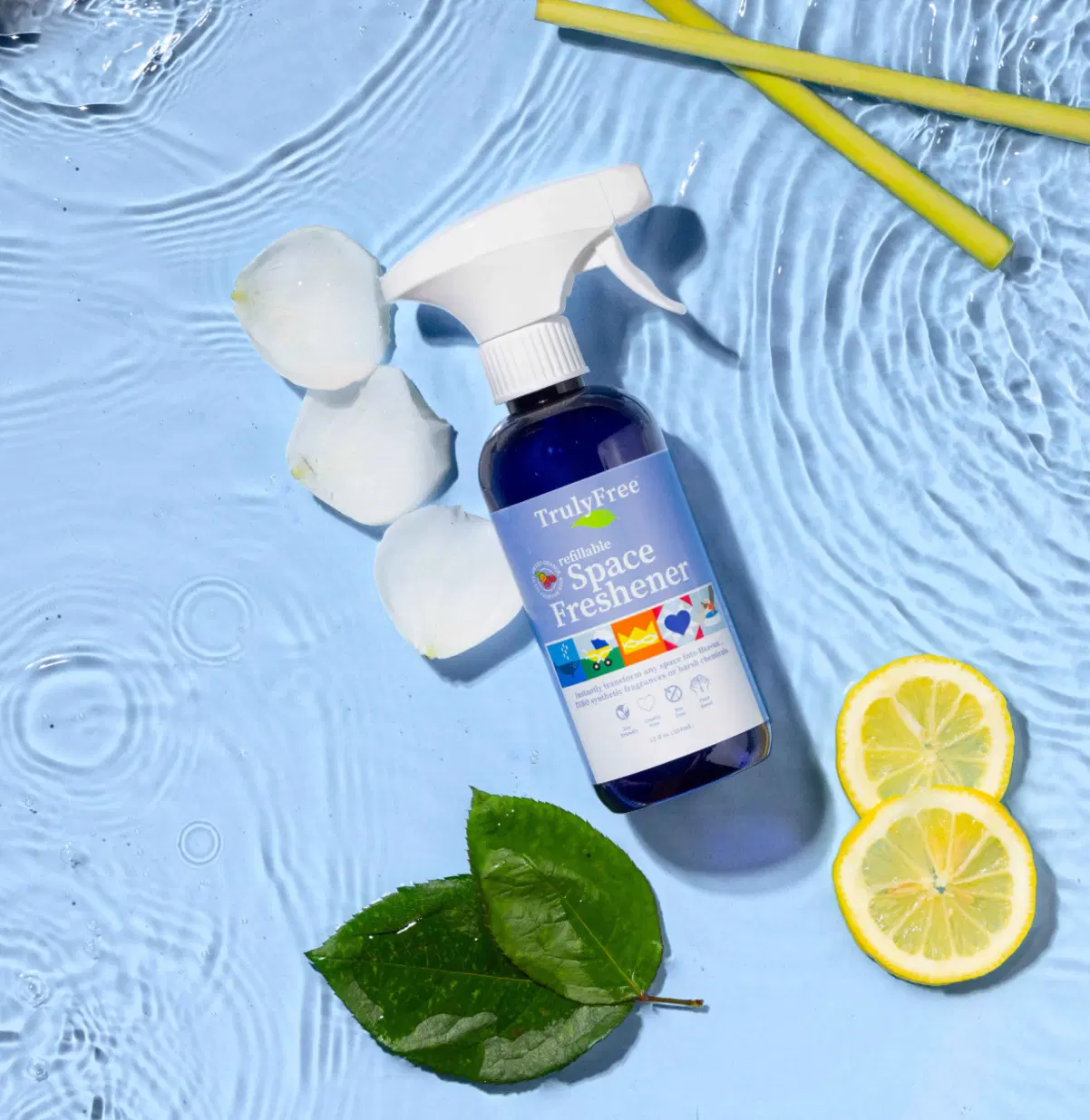 Truly Free Home Space Freshener Starter Kit, Lemongrass Essential Oil - Car and Air Fresheners for Home, Natural Odor Eliminator Room Spray, 16oz Spray Bottle, 1 Refill (3.4oz) No Synthetic Fragrances