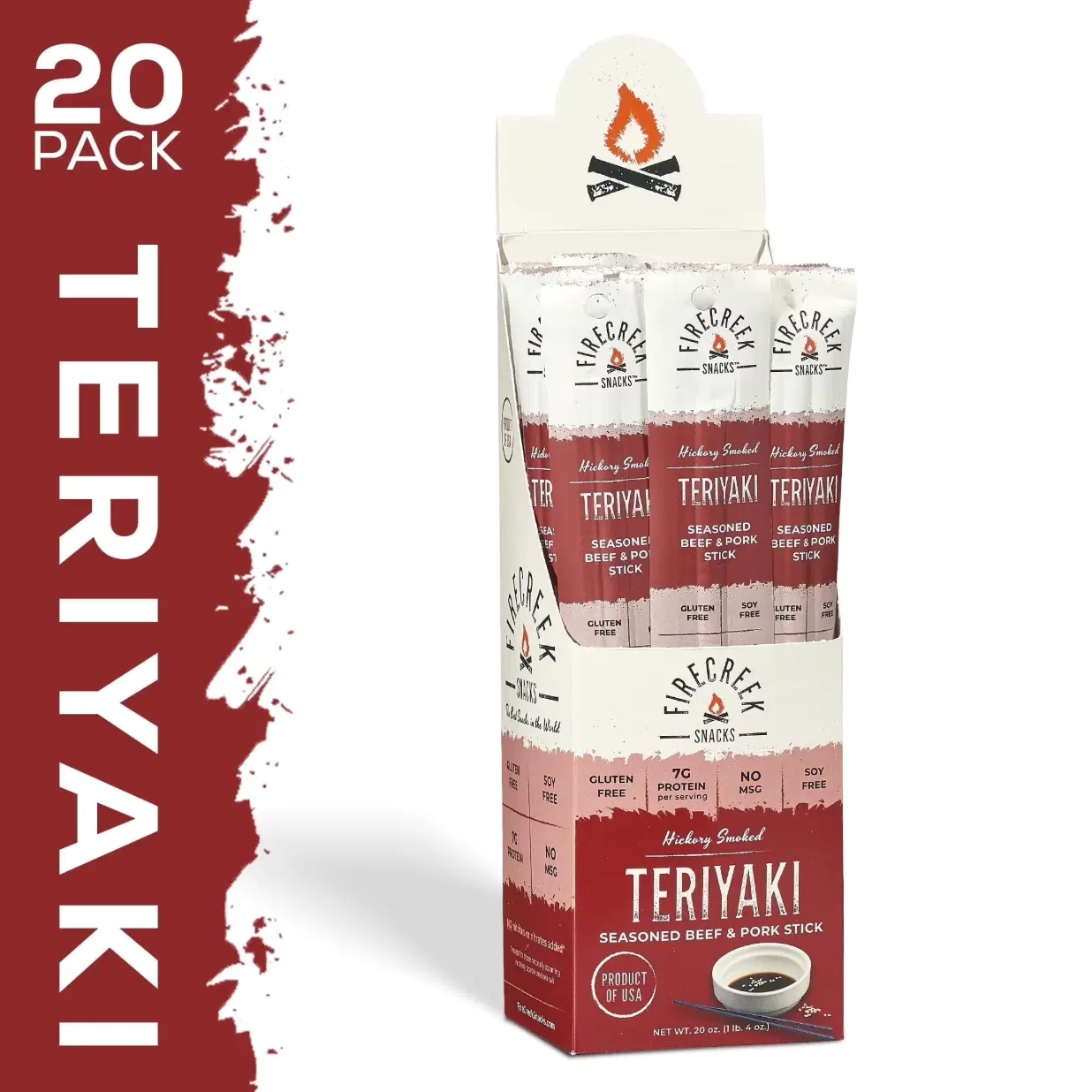 Teriyaki Meat Sticks - Hickory-Smoked Beef & Pork, Sweet-Savory Teriyaki Flavor, High-Protein Snack - 20-Pack