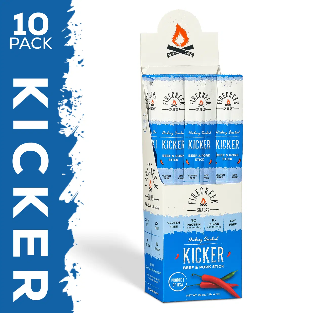 Kicker - Spicy Meat Sticks - Hickory-Smoked Beef & Pork, High-Protein, Low-Sugar Snack - 10-Pack
