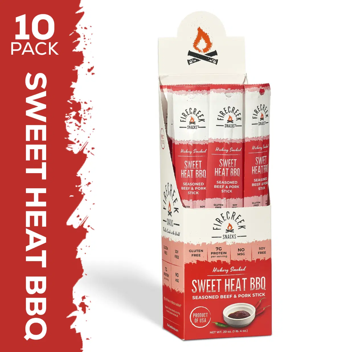 Sweet Heat BBQ Meat Sticks - Real Hickory Smoke + BBQ Glaze + Light Heat, Clean Ingredient Snack - 10-Pack 
