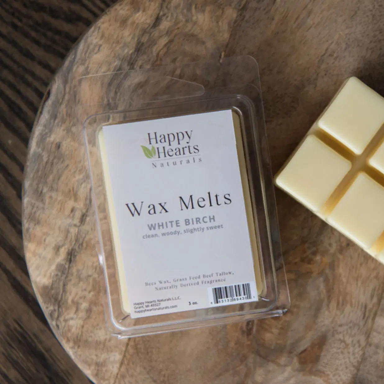 Happy Hearts Naturals -Wax Melts - Tallow & Beeswax - White Birch - Clean, Woody, & Slightly Sweet - Natural & Non-Toxic Home Fragrance Cubes