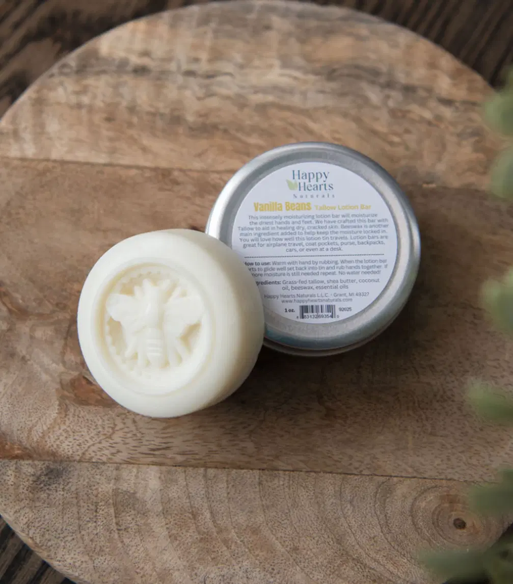 Happy Hearts Naturals - Extra Moisturizing Hand & Foot Tallow Lotion Bar - Vanilla Bean Solid Balm for Dry Skin